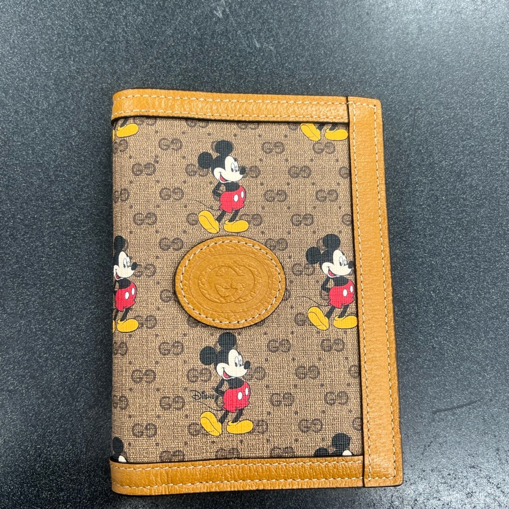 Gucci Brown Monogram Mickey Canvas Passport Holder with Tan Trim